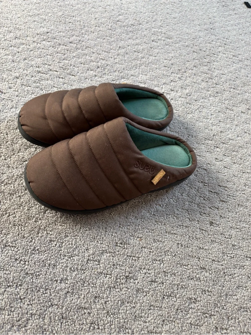 Men's Brown Quilted Slip-On House Shoes with Green Insole